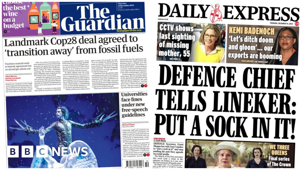 The Papers: ‘Landmark COP28 deal’ and ‘police hunt for missing mother’